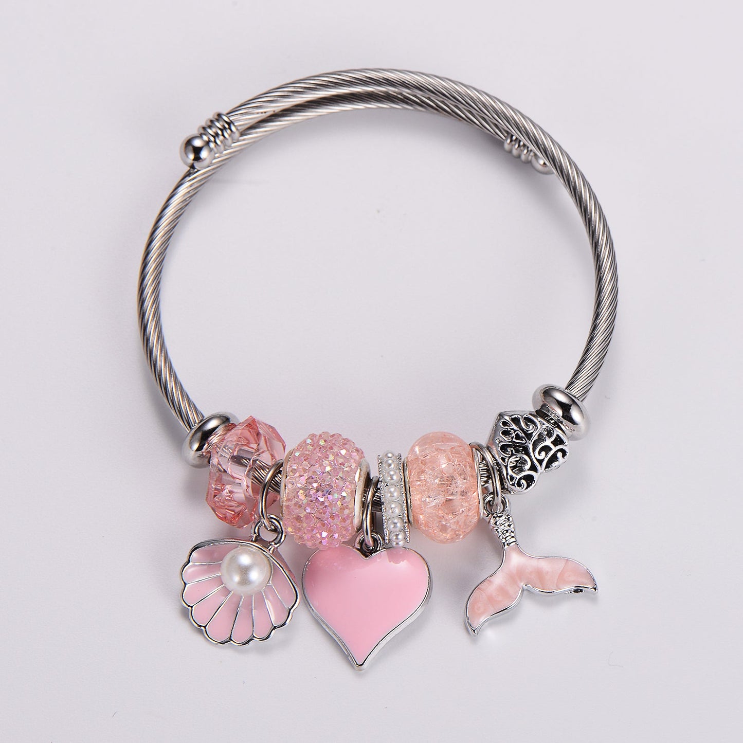 Stainless Steel Romantic Sweet Heart Shape Shell Fish Tail Inlay Artificial Pearls Wristband