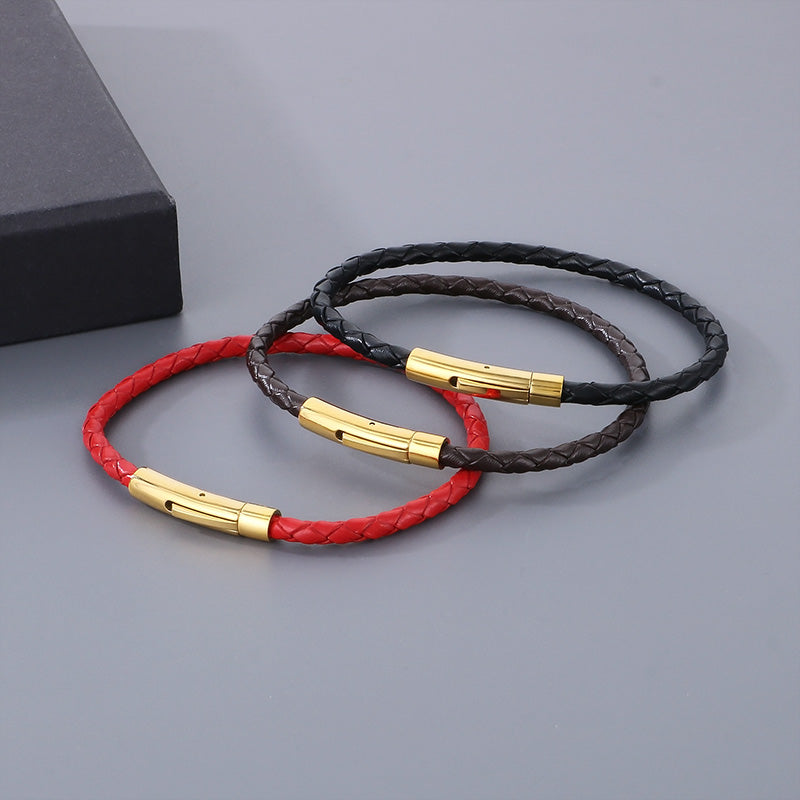 Hip-hop Simple Style Solid Color Leather Titanium Steel Braid Men's Bracelets Necklace