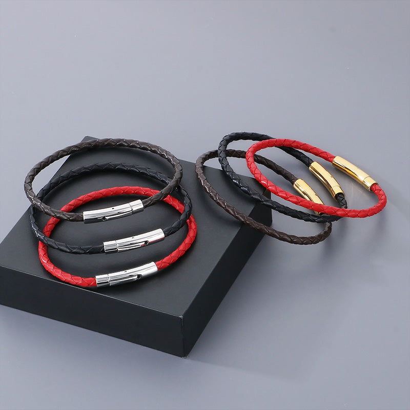 Hip-hop Simple Style Solid Color Leather Titanium Steel Braid Men's Bracelets Necklace