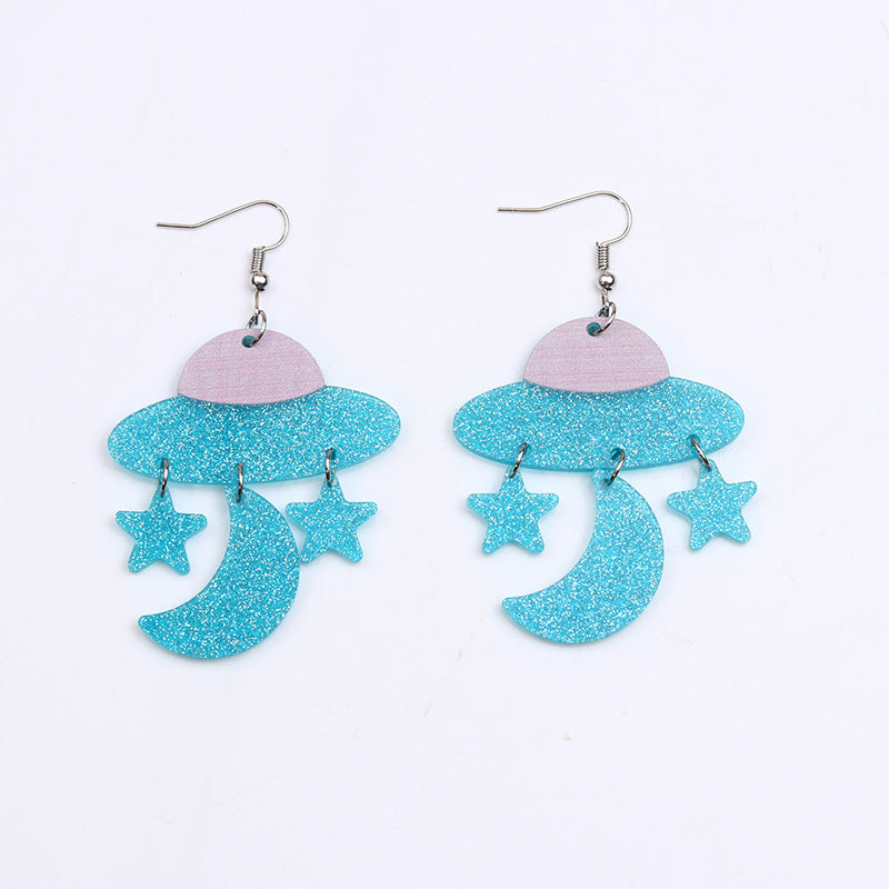 1 Pair Cute Spaceship Printing Arylic Drop Earrings