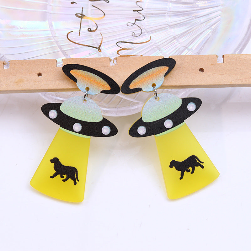 1 Pair Cute Spaceship Printing Arylic Drop Earrings