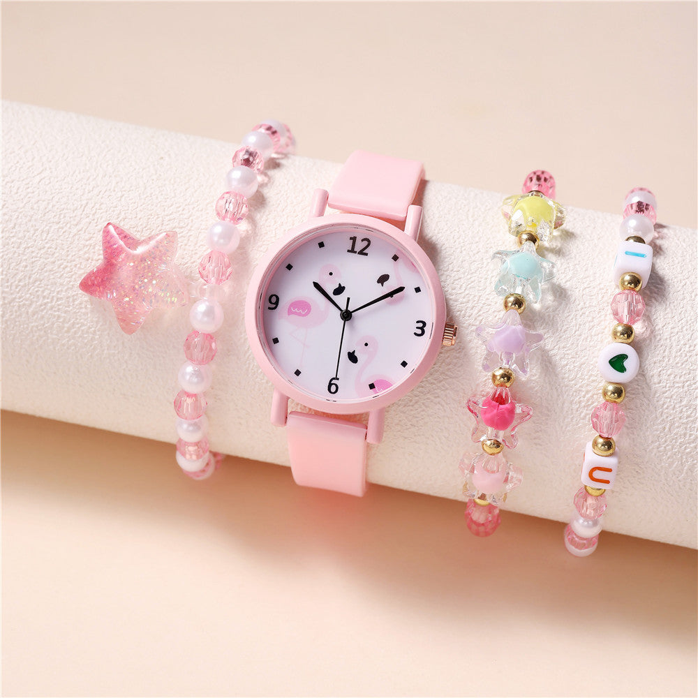 Cute Sweet Star Flamingo Heart Shape Buckle Quartz Kids Watches