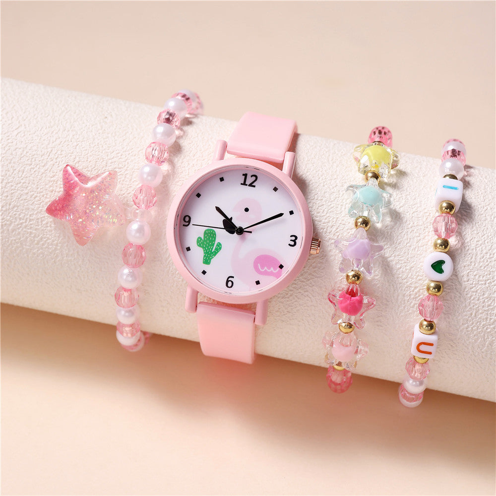 Cute Sweet Star Flamingo Heart Shape Buckle Quartz Kids Watches