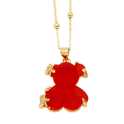 Copper Gold Plated Cute Simple Style Bear Inlay Resin Zircon Pendant Necklace