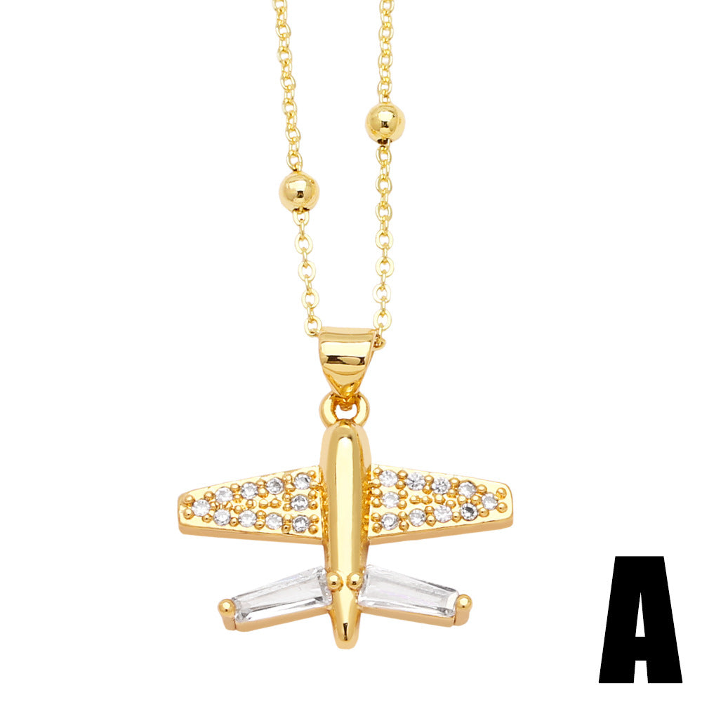 Copper Simple Style Shiny Clock Airplane Hollow Out Inlay Zircon Pendant Necklace