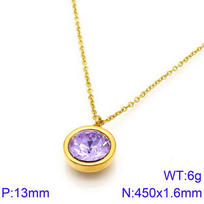 Titanium Steel 18K Gold Plated Basic Round Inlay Zircon Pendant Necklace