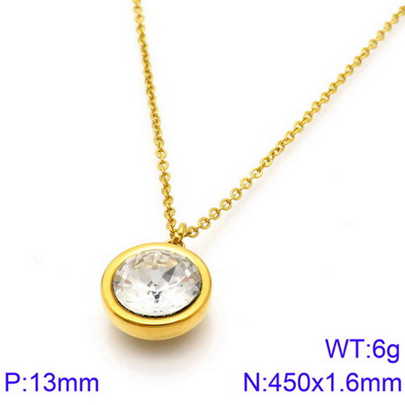 Titanium Steel 18K Gold Plated Basic Round Inlay Zircon Pendant Necklace