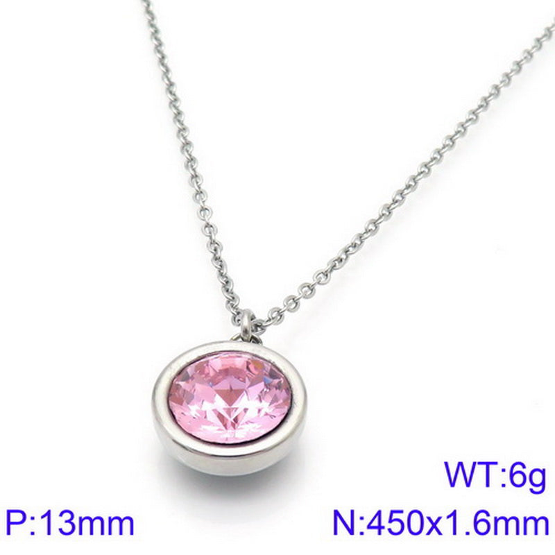 Titanium Steel 18K Gold Plated Basic Round Inlay Zircon Pendant Necklace