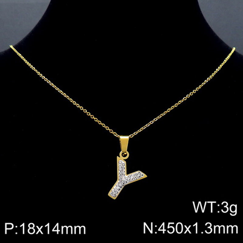 Stainless Steel 18K Gold Plated Basic Letter Inlay Rhinestones Pendant Necklace