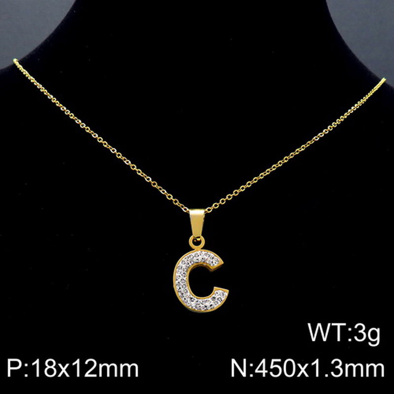 Stainless Steel 18K Gold Plated Basic Letter Inlay Rhinestones Pendant Necklace