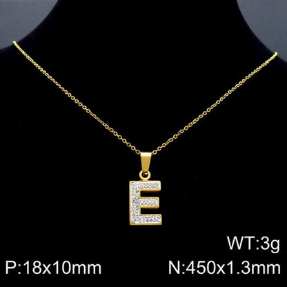 Stainless Steel 18K Gold Plated Basic Letter Inlay Rhinestones Pendant Necklace