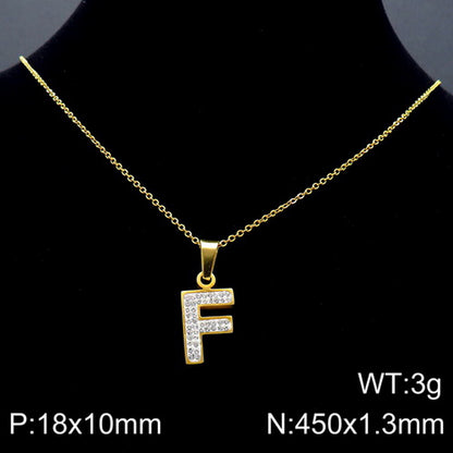 Stainless Steel 18K Gold Plated Basic Letter Inlay Rhinestones Pendant Necklace