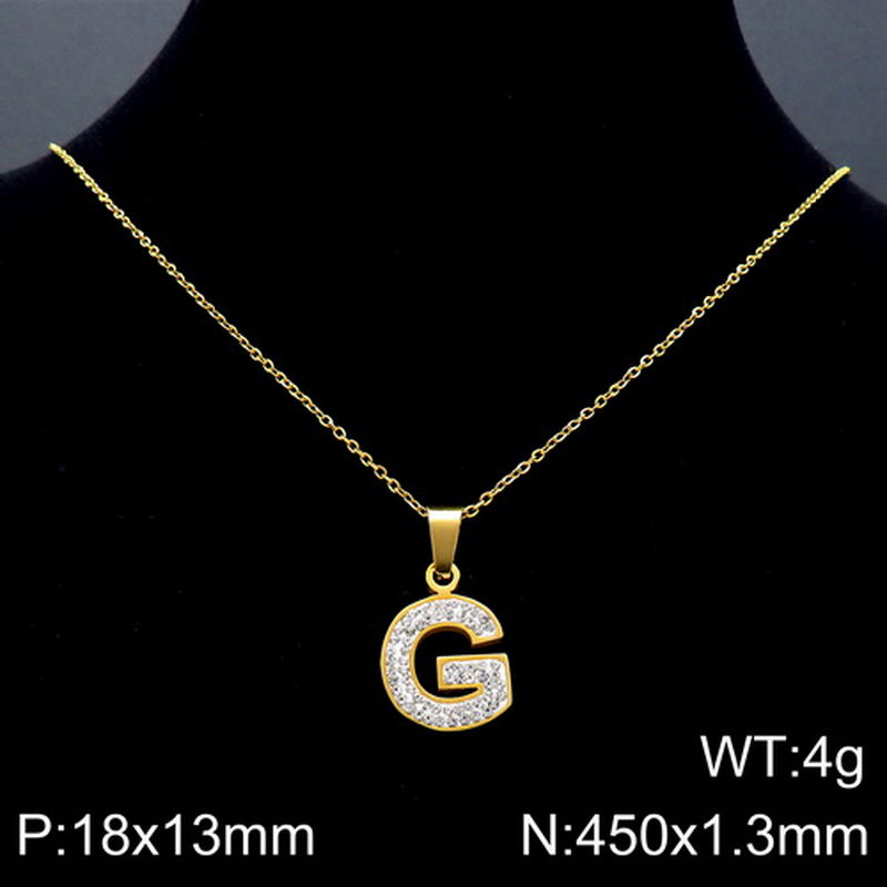 Stainless Steel 18K Gold Plated Basic Letter Inlay Rhinestones Pendant Necklace