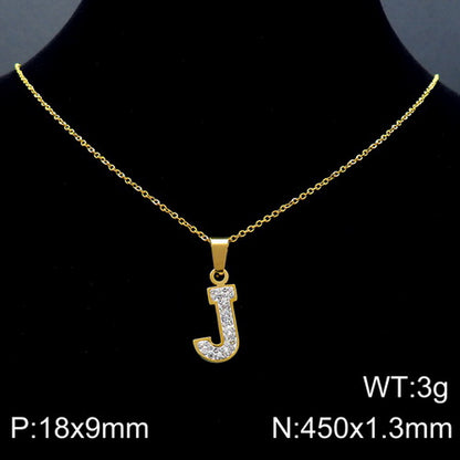 Stainless Steel 18K Gold Plated Basic Letter Inlay Rhinestones Pendant Necklace