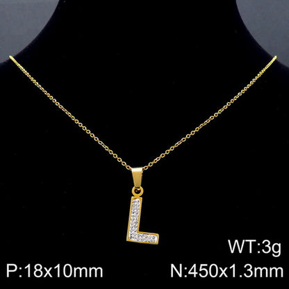 Stainless Steel 18K Gold Plated Basic Letter Inlay Rhinestones Pendant Necklace