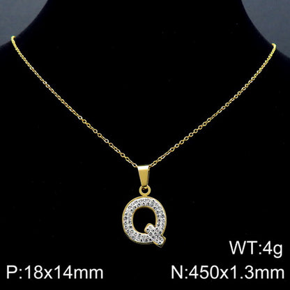 Stainless Steel 18K Gold Plated Basic Letter Inlay Rhinestones Pendant Necklace