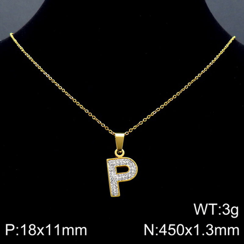 Stainless Steel 18K Gold Plated Basic Letter Inlay Rhinestones Pendant Necklace