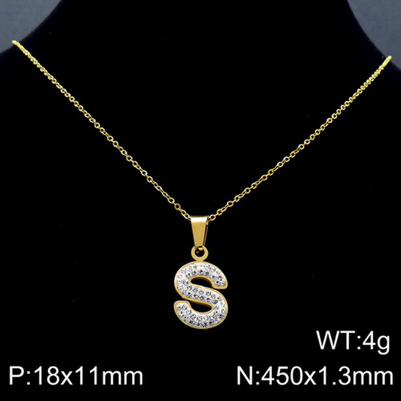 Stainless Steel 18K Gold Plated Basic Letter Inlay Rhinestones Pendant Necklace