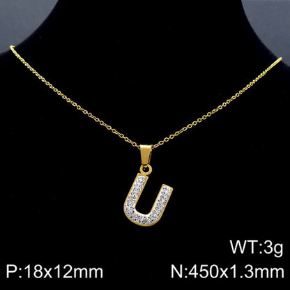 Stainless Steel 18K Gold Plated Basic Letter Inlay Rhinestones Pendant Necklace