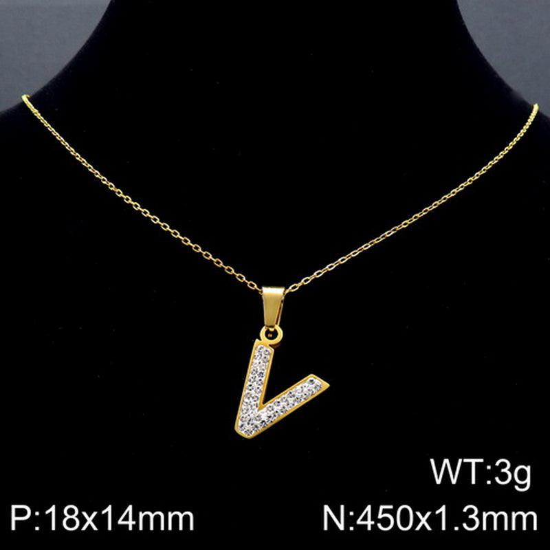 Stainless Steel 18K Gold Plated Basic Letter Inlay Rhinestones Pendant Necklace