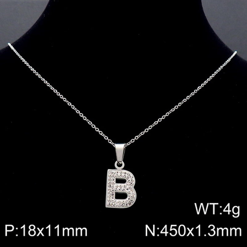 Stainless Steel 18K Gold Plated Basic Letter Inlay Rhinestones Pendant Necklace