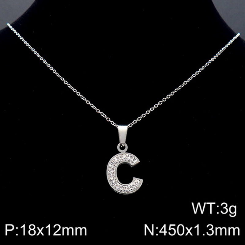 Stainless Steel 18K Gold Plated Basic Letter Inlay Rhinestones Pendant Necklace