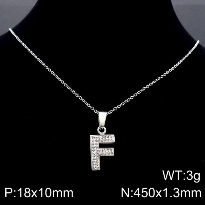 Stainless Steel 18K Gold Plated Basic Letter Inlay Rhinestones Pendant Necklace