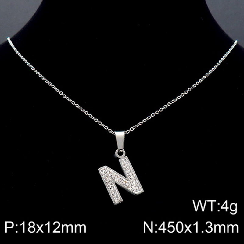 Stainless Steel 18K Gold Plated Basic Letter Inlay Rhinestones Pendant Necklace