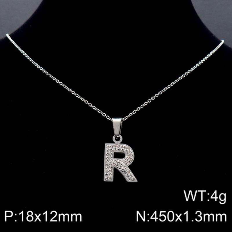 Stainless Steel 18K Gold Plated Basic Letter Inlay Rhinestones Pendant Necklace