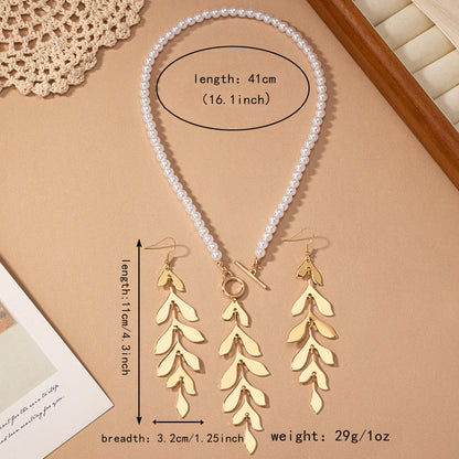 Elegant Luxurious Leaves Artificial Pearl Alloy Beaded Tassel 14K Gold Plated Women's Earrings Necklace