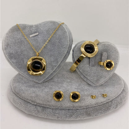 Stainless Steel 18K Gold Plated Glam Retro Round Inlay Artificial Pearls Natural Stone Jewelry Set