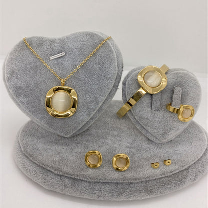 Stainless Steel 18K Gold Plated Glam Retro Round Inlay Artificial Pearls Natural Stone Jewelry Set