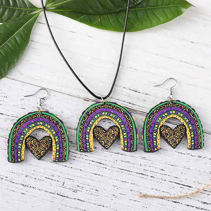 Retro Heart Shape Wood Mardi Gras Women's Earrings Necklace