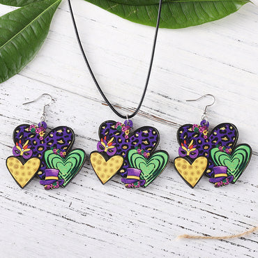 Retro Heart Shape Wood Mardi Gras Women's Earrings Necklace