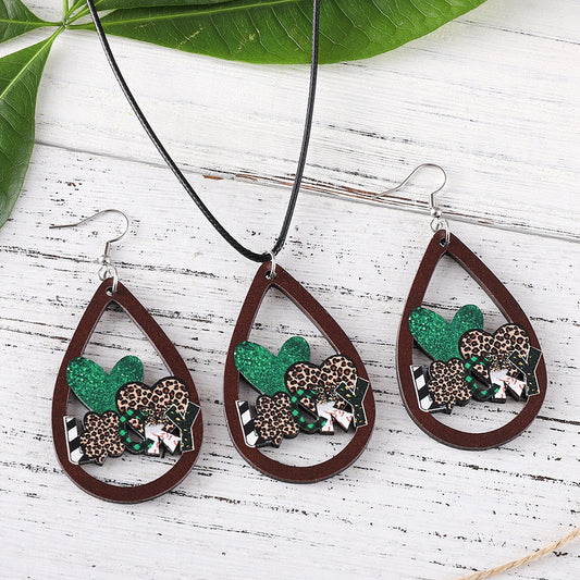 Retro Shamrock Heart Shape Wood St. Patrick Women's Earrings Necklace