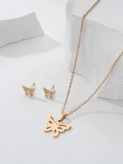 Stainless Steel 18K Gold Plated Simple Style Letter Heart Shape Butterfly Earrings Necklace