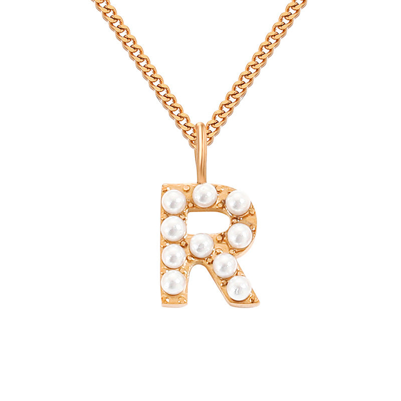 Stainless Steel 14K Gold Plated Simple Style Letter Hollow Out Inlay Artificial Pearls Pendant Necklace