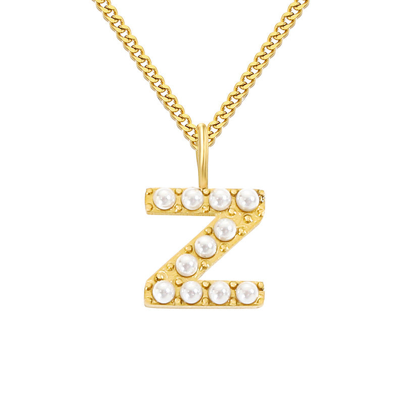 Stainless Steel 14K Gold Plated Simple Style Letter Hollow Out Inlay Artificial Pearls Pendant Necklace