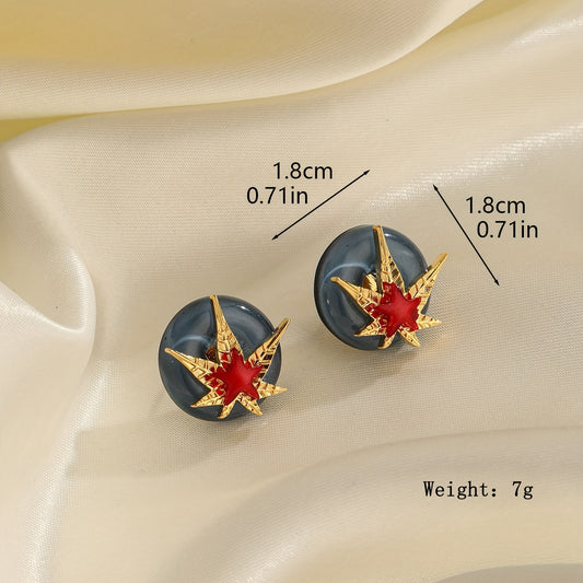 1 Pair Retro Pentagram Maple Leaf Enamel Inlay Glass Copper Glass 18K Gold Plated Ear Studs