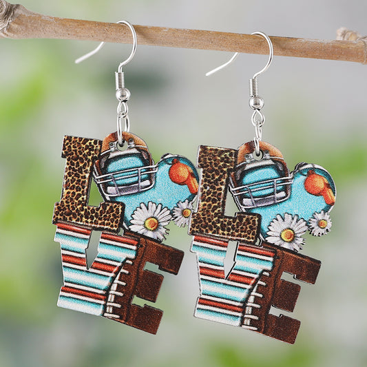 1 Pair Retro Letter Flower Wood Drop Earrings