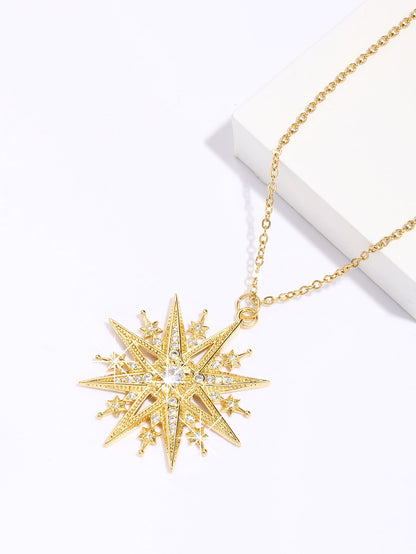 Copper 18K Gold Plated Shiny Rose Snowflake Inlay Zircon Pendant Necklace