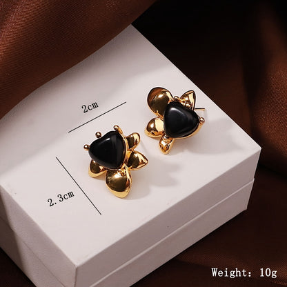 1 Pair Vacation Simple Style Heart Shape Flower Inlay Copper Lapis Lazuli Obsidian 18K Gold Plated Ear Studs