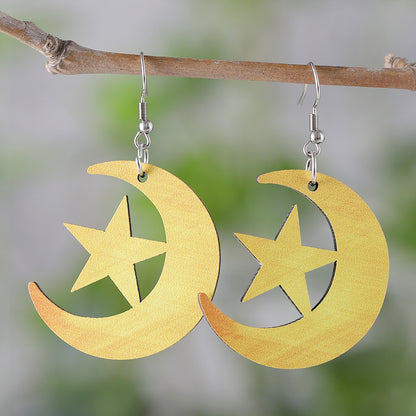 1 Pair Retro Moon Wood Drop Earrings