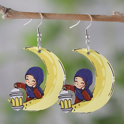 1 Pair Retro Moon Wood Drop Earrings