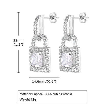 1 Pair Simple Style Shiny Lock Inlay Copper Diamond Drop Earrings