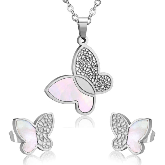 Stainless Steel Vintage Style Butterfly Plating Inlay Shell Jewelry Set