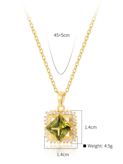 Copper 18K Gold Plated Vintage Style Shiny Square Inlay Zircon Pendant Necklace