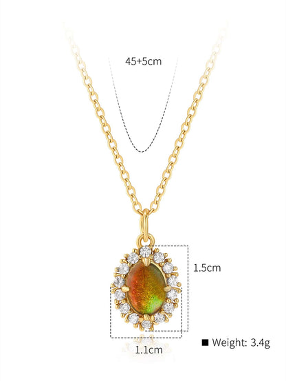 Copper 18K Gold Plated IG Style Oval Inlay Zircon Pendant Necklace