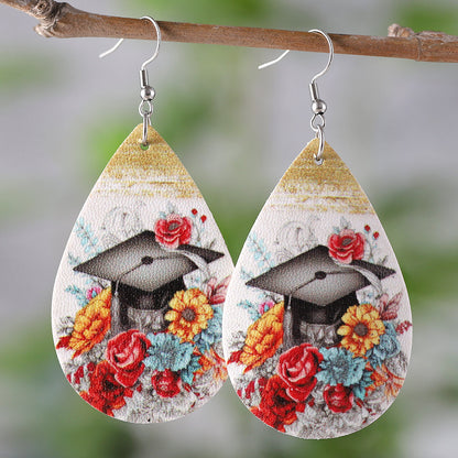 1 Pair Retro Doctoral Cap Flower Pu Leather Drop Earrings