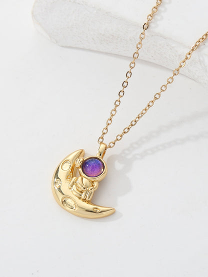 Copper 18K Gold Plated IG Style Astronaut Moon Inlay Zircon Pendant Necklace